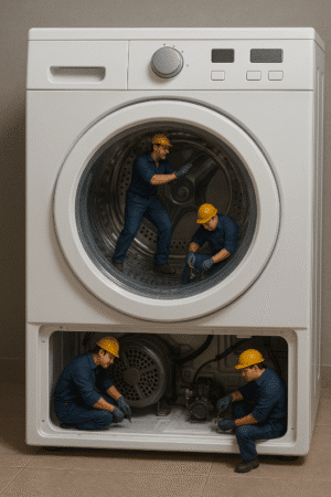 Dryer with transparent inside showing appliance technicians fixing it